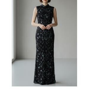 Vintage 90s Silk Beaded Sequin Gown Black Iridescent Formal Maxi Dress